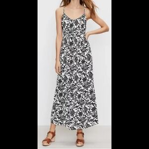 LOFT Dress Size Medium Black White Vines Strappy Tie Back Tie Waist Lined